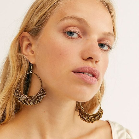 NEW Free People fringe hoop earrings gold beads - Picture 3 of 8